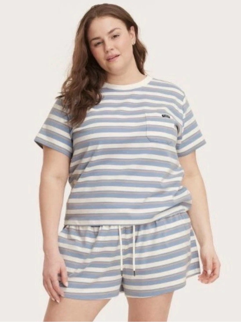 Women's Striped Short Sleeve Tee + shorts Set - Light Blue & Cream